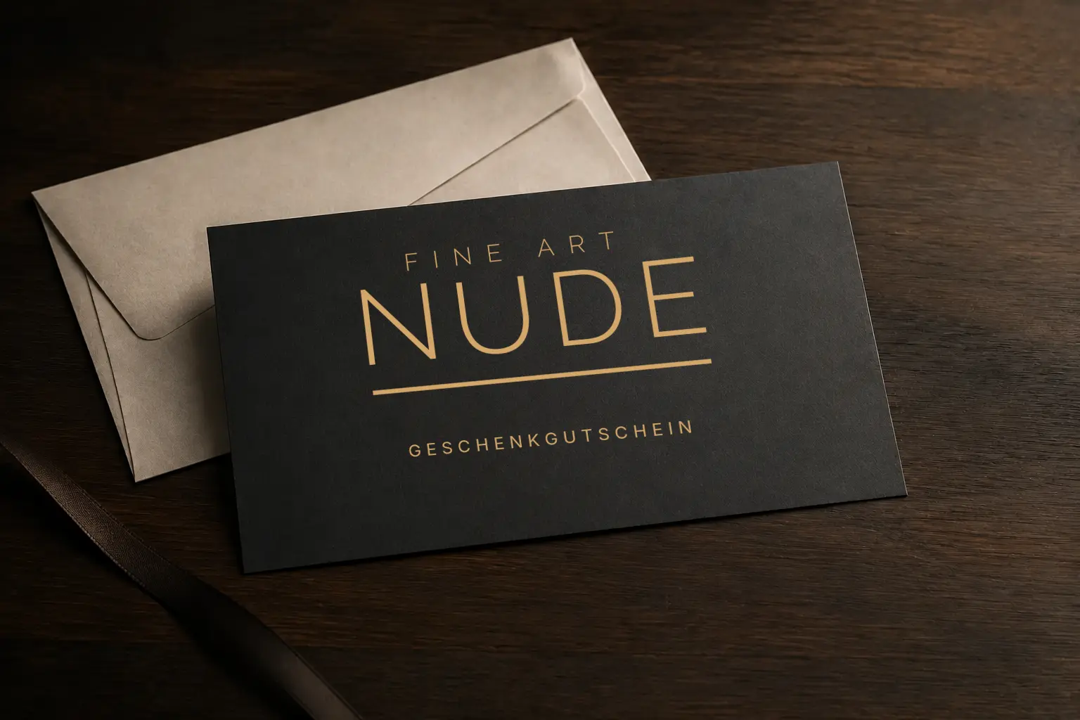 Fine-Art-Nude-Geschenkgutschein in Schwarz und Gold auf einem dunklen Holztisch